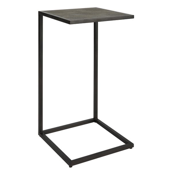 24 Inch Accent Table, Open C Shape, Gray Shagreen Top, Antique Black
