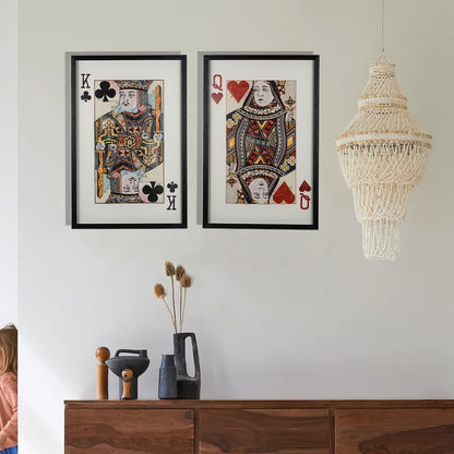 24 x 35 Set of 2 Framed Wall Art, King Queen Card Pair, Gold, Black, Red