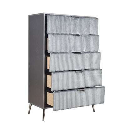 Moko 51 Inch Tall Dresser, 5 Fabirc Upholstered Drawers, Gray, Nickel