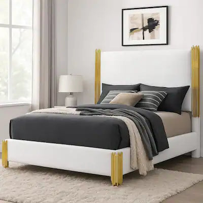 Dyl Queen Bed, Soft Foam Upholstered, White Fabric, Gold Accent Posts