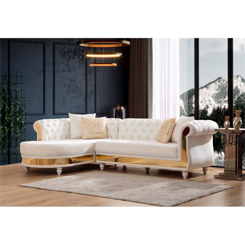 Gold Detailed Tufted Upholstery Sectional made with Wood In Off White