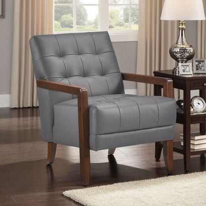 Lenie Accent Armchair, Button Tufted Dark Gray Leather, Brown Wood
