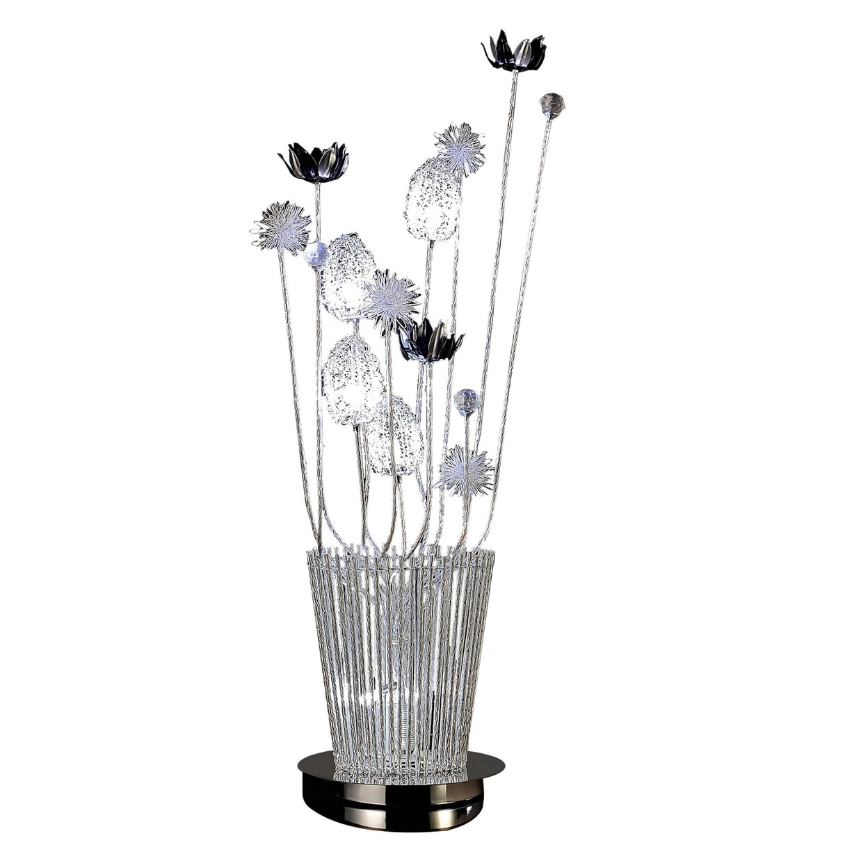 26 Inch Accent Table Lamp, Flower Vase Design, Metal, Chrome Finish
