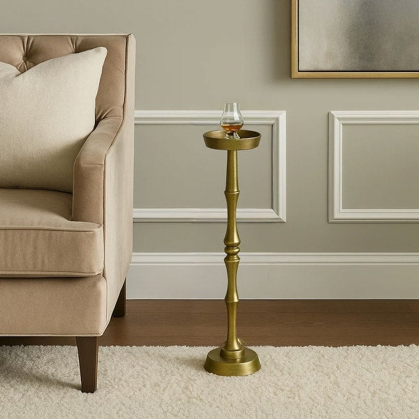 26 Inch Side End Drink Table, Turned Pedestal Metal Base, Round Top, Oxidized Brass