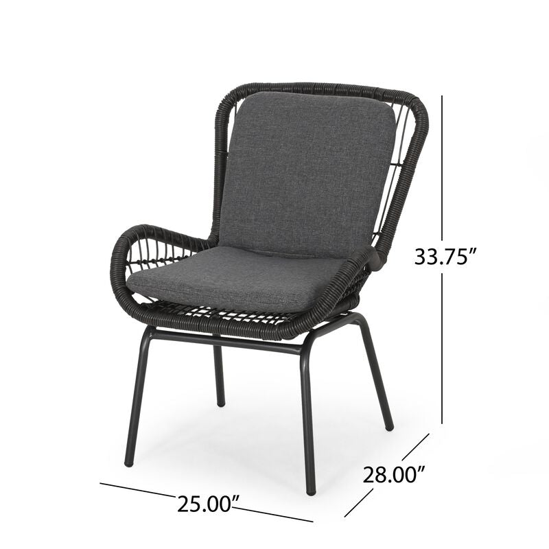 Patio Accent Chair Set of 2, Open Wicker, Round Edge, Black Iron, Gray