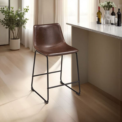 Tia Counter Height Chair Set of 2, Brown Faux Leather, Bucket Seat
