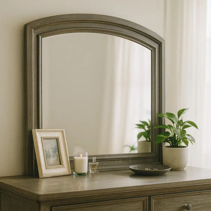 Dresser Mirror, Gray Pine Wood Frame, Farmhouse Carved Details 36x42