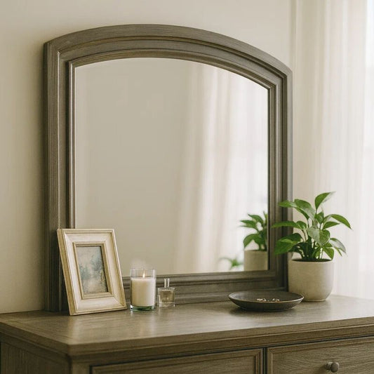 Dresser Mirror, Gray Pine Wood Frame, Farmhouse Carved Details 36x42