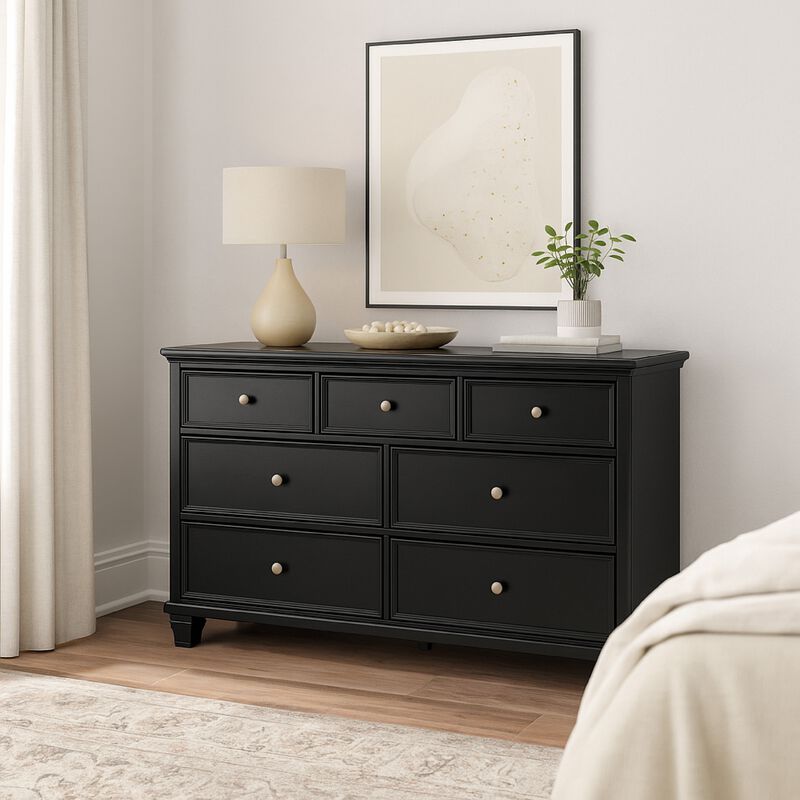 Lemo Nightstand, 2 Wide Drawers, Nickel Round Knobs, Black Solid Wood