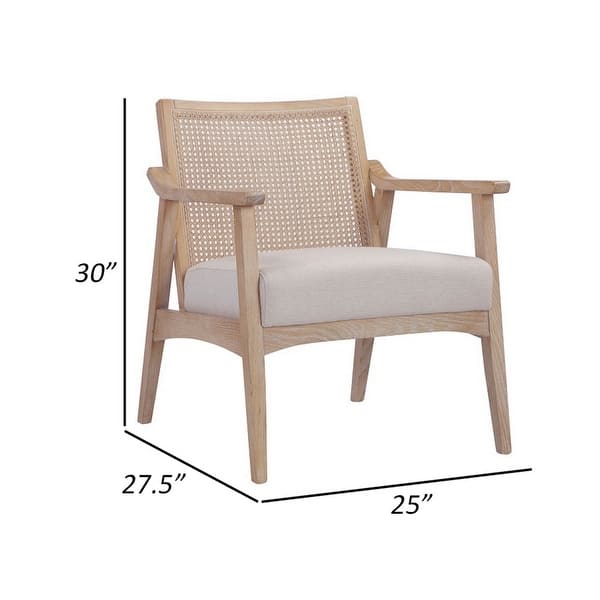 28 Inch Lounge Armchair with Cane Back, Beige Polyester Boucle, Brown Frame