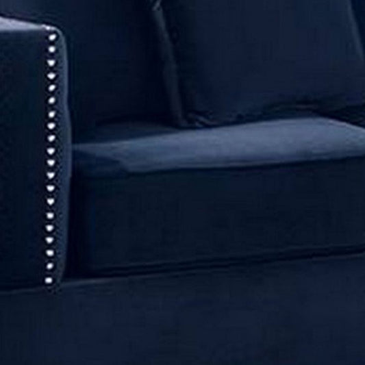 Mina 58 Inch One Arm Reversible Chaise, 2 Pillows, Nailhead Trim, Indigo
