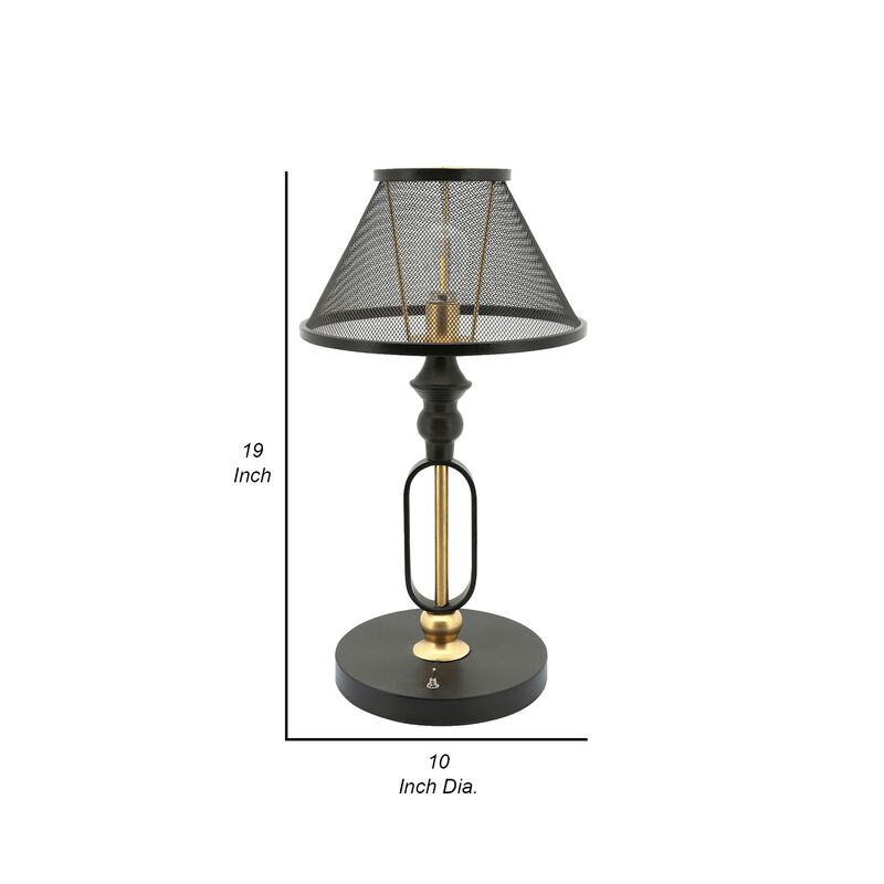 19 Inch Table Lamp, Round Metal Mesh Shade, Hollow Body, Black, Gold Stand