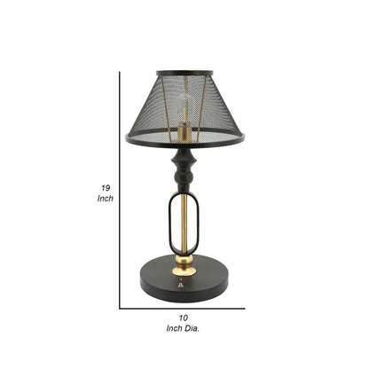 19 Inch Table Lamp, Round Metal Mesh Shade, Hollow Body, Black, Gold Stand