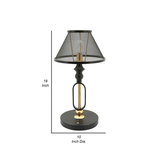 19 Inch Table Lamp, Round Metal Mesh Shade, Hollow Body, Black, Gold Stand