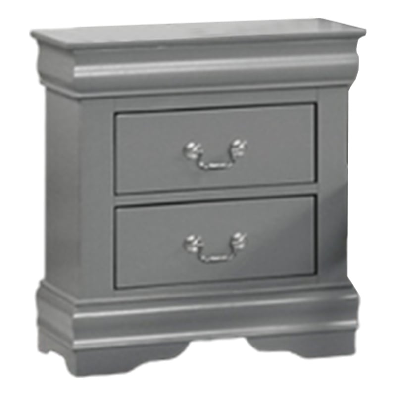 Ryla Nightstand, 2 Drawers, Light Gray Solid Wood, Nickel Drop Handles