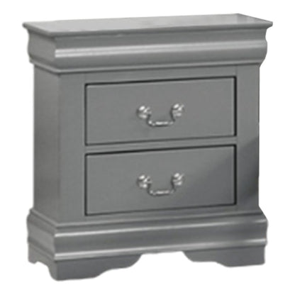 Ryla Nightstand, 2 Drawers, Light Gray Solid Wood, Nickel Drop Handles