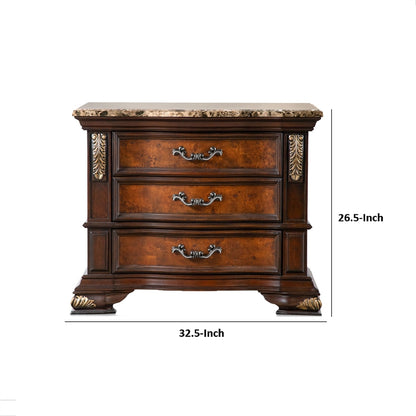 Iliana Nightstand, 3 Drawers, Ornate Oak and Dark Cherry Brown, 33 Inch