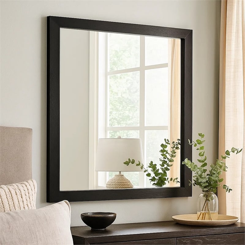 Lati Dresser Mirror, Beveled Glass, Black Wood, 40 Inch Square