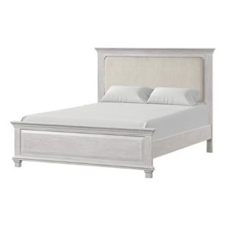 Leyne Queen Bed, Cream Upholstery, Dentil Molding Weathered Gray Wood