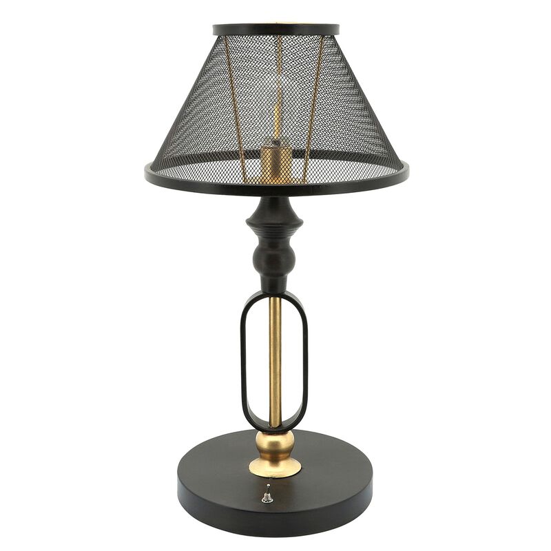 19 Inch Table Lamp, Round Metal Mesh Shade, Hollow Body, Black, Gold Stand