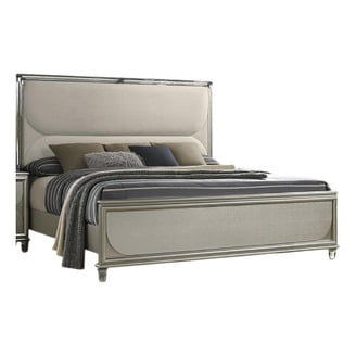 Zema Queen Bed, Upholstered Headboard w LED, Silver Wood, Acrylic Legs