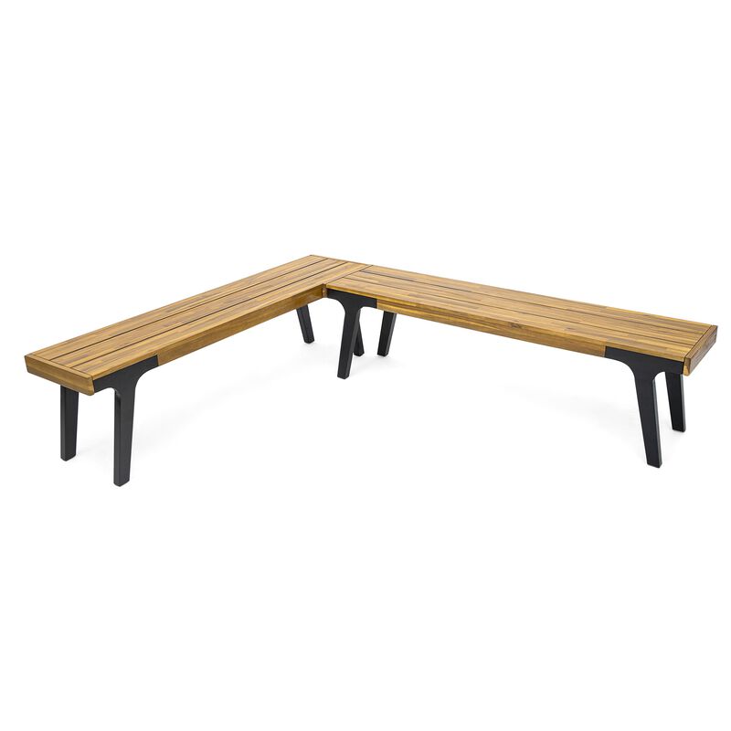 Sheldon Outdoor Bench Set of 2, Slat Panel, 63 Inch Brown Wood, Black