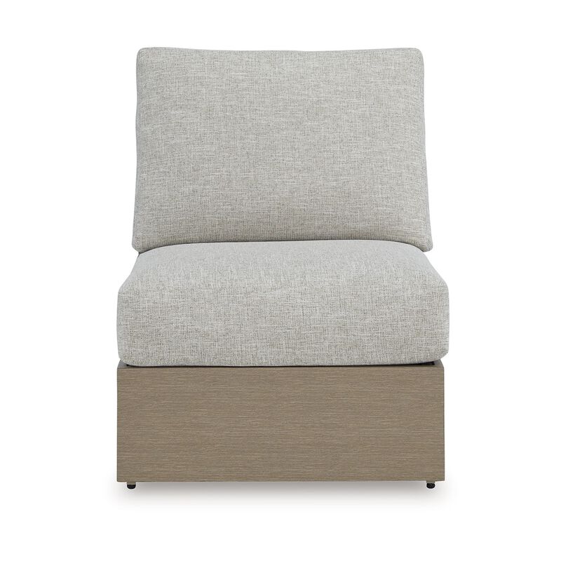 Isle Outdoor Armless Chair, Gray Cushion, Woodlike Brown Metal Frame