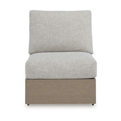 Isle Outdoor Armless Chair, Gray Cushion, Woodlike Brown Metal Frame