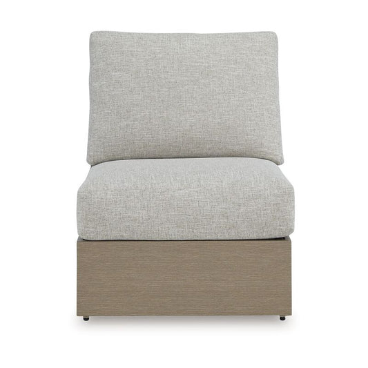 Isle Outdoor Armless Chair, Gray Cushion, Woodlike Brown Metal Frame