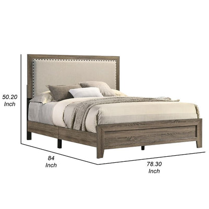 Shannon Queen Panel Bed with Nailhead Trim, Ivory Fabric, Gray Wood