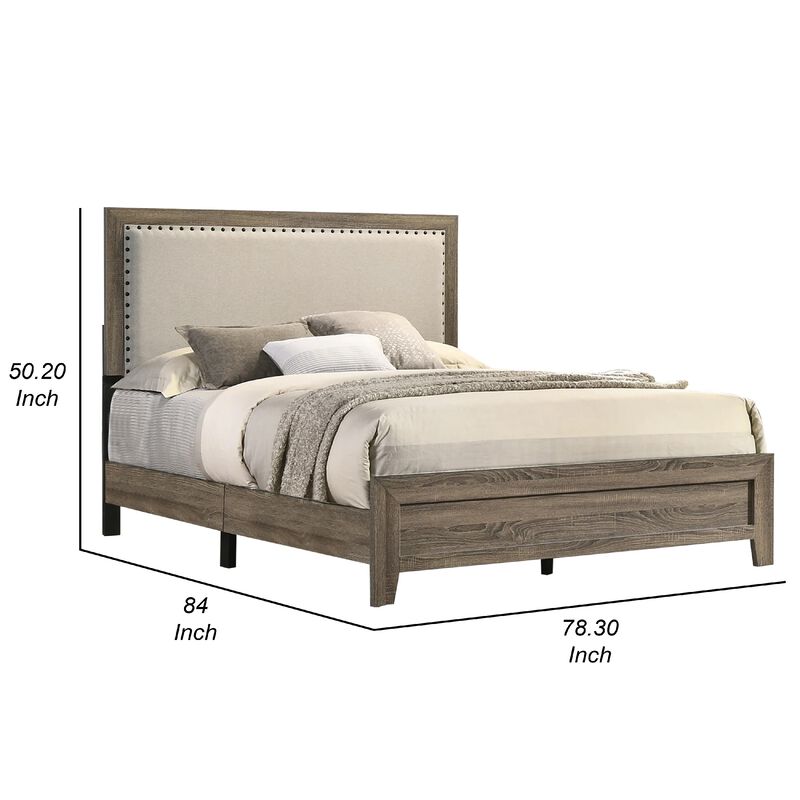 Shannon Queen Panel Bed with Nailhead Trim, Ivory Fabric, Gray Wood