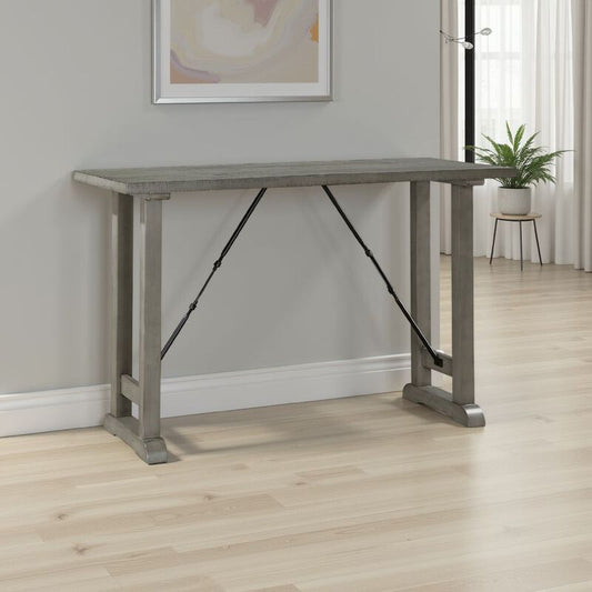 Anab Counter Height Table, Rectangular Gray Wood and Turnbuckle Base