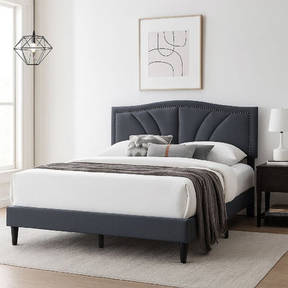 Reo Queen Size Bed, Charcoal Gray Burlap Upholstered Curved Headboard