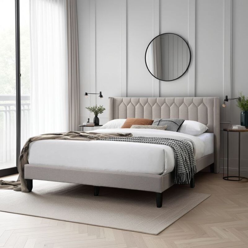 Jeo Queen Size Bed, Geometric Stitched Light Brown Burlap Upholstery