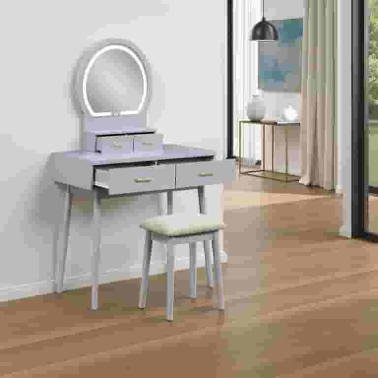 Anvy Vanity Desk Set with Mirror and Stool, 4 Drawers, Gray Wood
