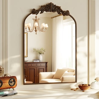 Feno Decorative Wall Mirror w Rack, Portrait Style 30 Inch Gold Metal