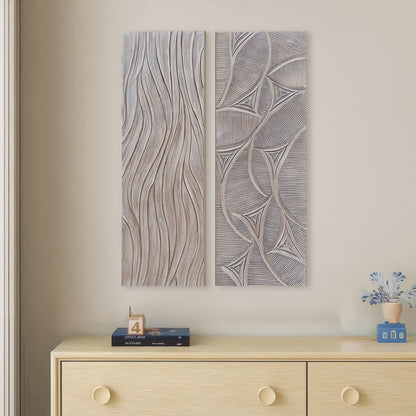 2pc Wood Wall Art Panels | 16x48 Inch Abstract Geometric and Wave Pattern Decor | Distressed Gray