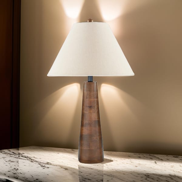 30 Inch Table Lamp, White Empire Fabric Shade, Tapered Brown Wood Frame