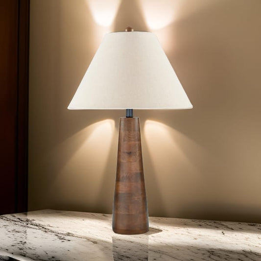 30 Inch Table Lamp, White Empire Fabric Shade, Tapered Brown Wood Frame