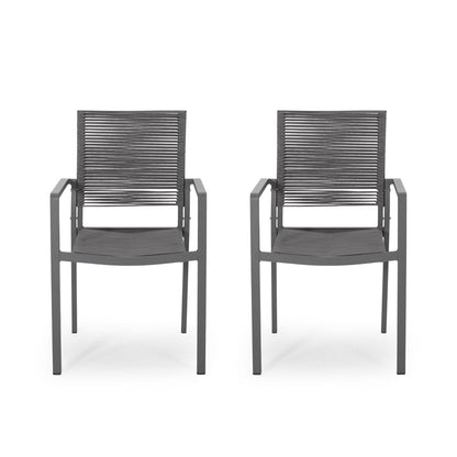 Teny Outdoor Dining Chair Set of 2, Open Back, Woven Rope, Dark Gray Metal