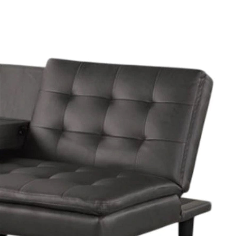 Berie Futon Sofa Bed, Drop-Down Tray and Cupholder, Gray Faux Leather