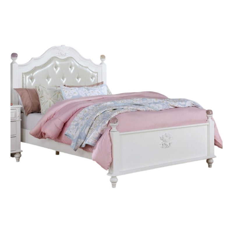 Bela Twin Size Bed w Button Tufted Headboard, White Faux Leather