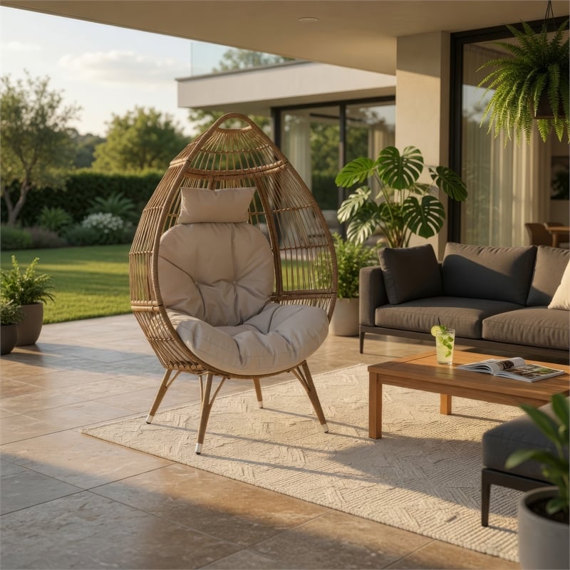 Outdoor Accent Chair, Teardrop Cocoon w Beige Pillow, Brown PE Rattan