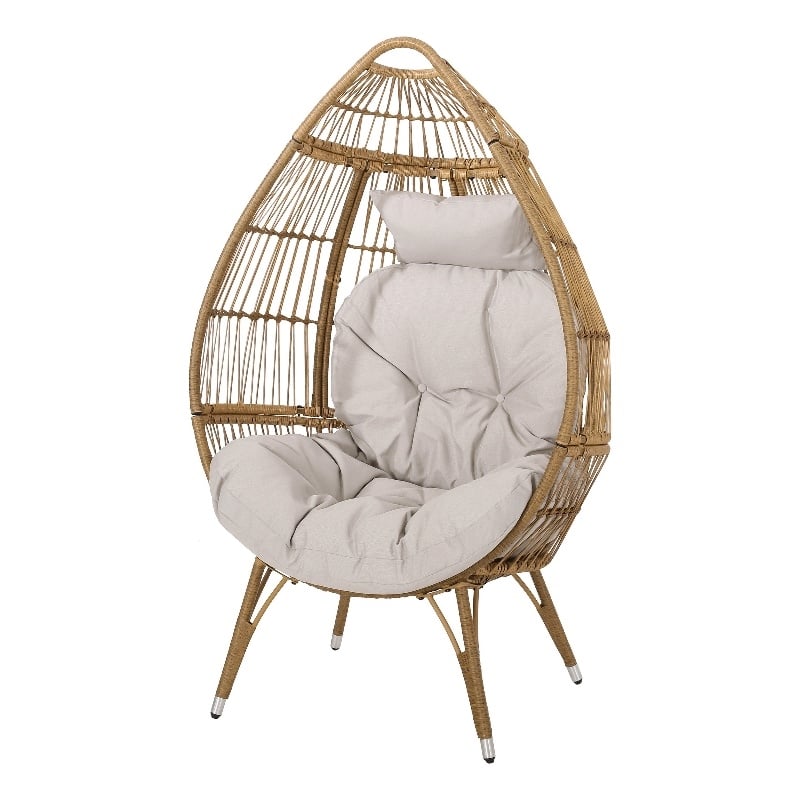 Outdoor Accent Chair, Teardrop Cocoon w Beige Pillow, Brown PE Rattan