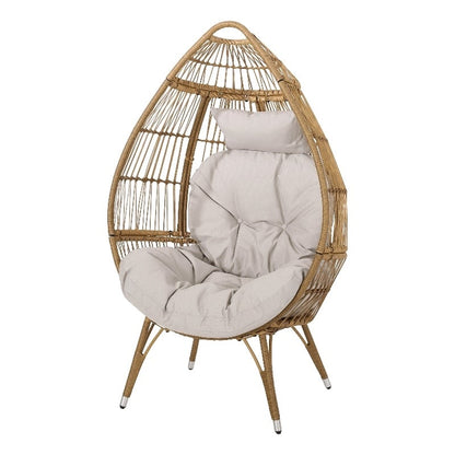 Outdoor Accent Chair, Teardrop Cocoon w Beige Pillow, Brown PE Rattan