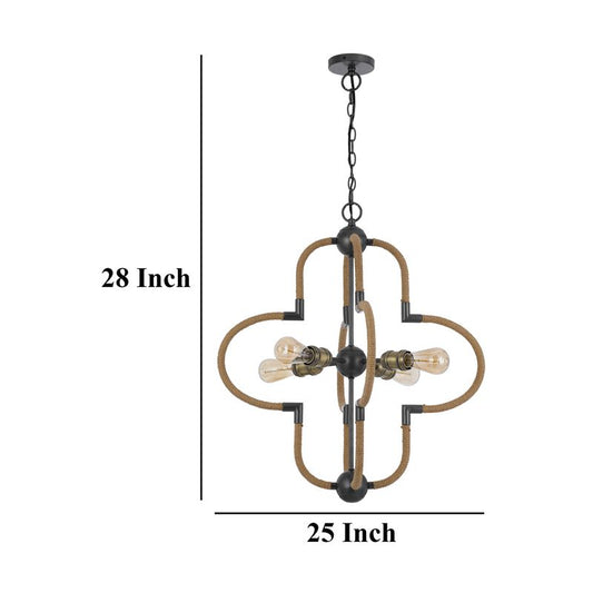 Gemo 25 Inch Chandelier, Crossed Clover Design, Brass Black Metal