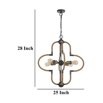 Gemo 25 Inch Chandelier, Crossed Clover Design, Brass Black Metal