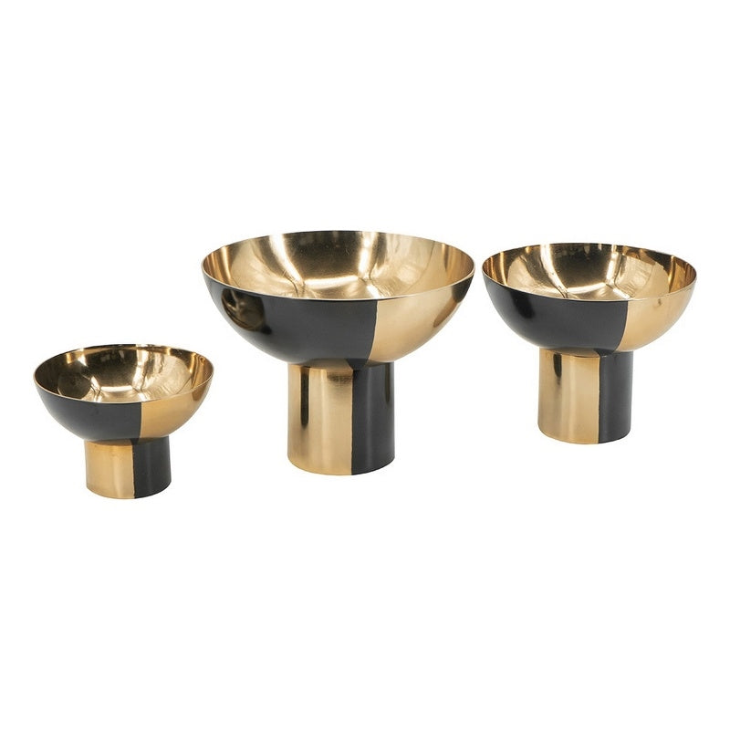 Set of 3 Round Bowls, Black and Gold Aluminum Finish, Sturdy Metal Stand