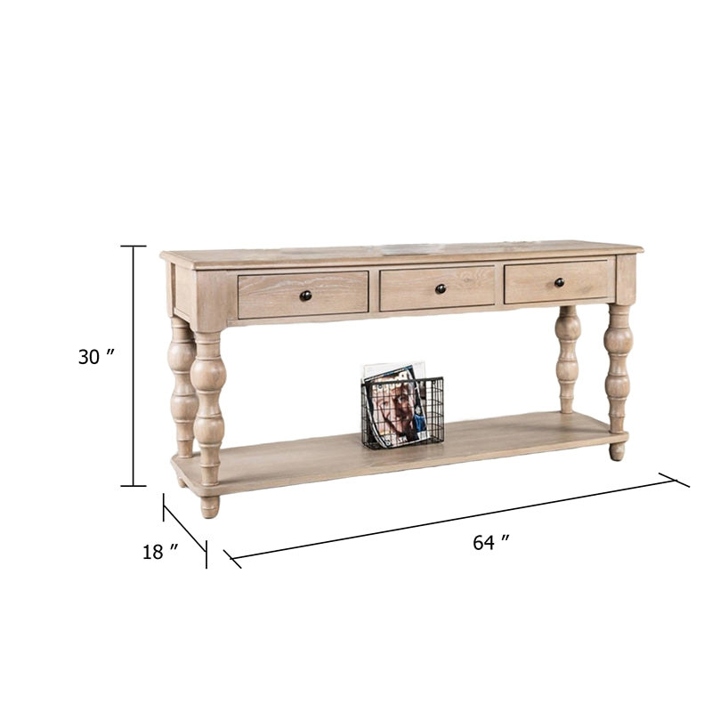 Cherie Sofa Table, 3 Drawers, Shelf, Light White Washed Wood, 64 Inch