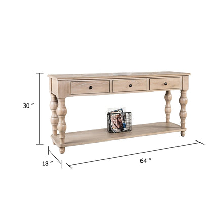 Cherie Sofa Table, 3 Drawers, Shelf, Light White Washed Wood, 64 Inch